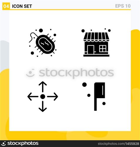 Group of 4 Modern Solid Glyphs Set for bacteria, expand, research, shop, food Editable Vector Design Elements