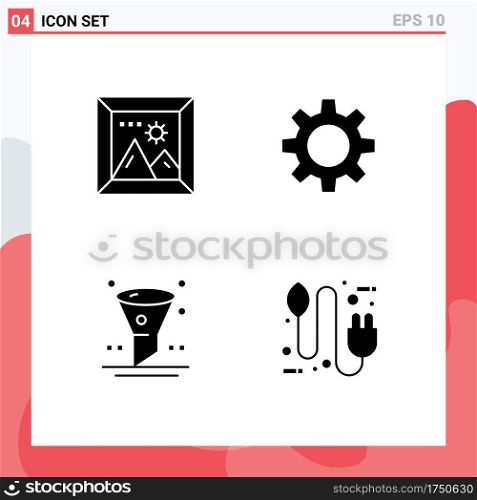 Group of 4 Modern Solid Glyphs Set for gallery, interface, travel, gear, bio Editable Vector Design Elements
