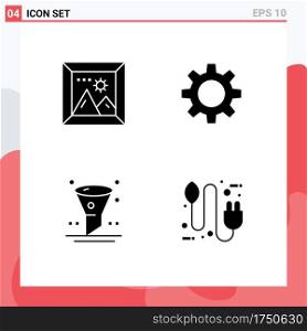 Group of 4 Modern Solid Glyphs Set for gallery, interface, travel, gear, bio Editable Vector Design Elements