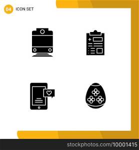 Group of 4 Modern Solid Glyphs Set for railway, love chat, record, mobile, egg Editable Vector Design Elements