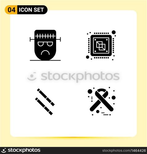 Group of 4 Solid Glyphs Signs and Symbols for cartoon, processor, frankenstein, chip, stick Editable Vector Design Elements