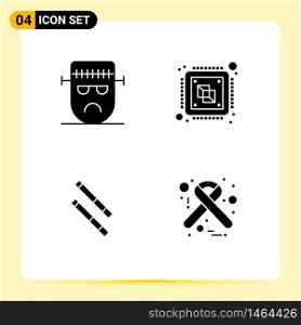 Group of 4 Solid Glyphs Signs and Symbols for cartoon, processor, frankenstein, chip, stick Editable Vector Design Elements