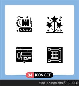 Group of 4 Solid Glyphs Signs and Symbols for conveyor, layout, product, party, website Editable Vector Design Elements