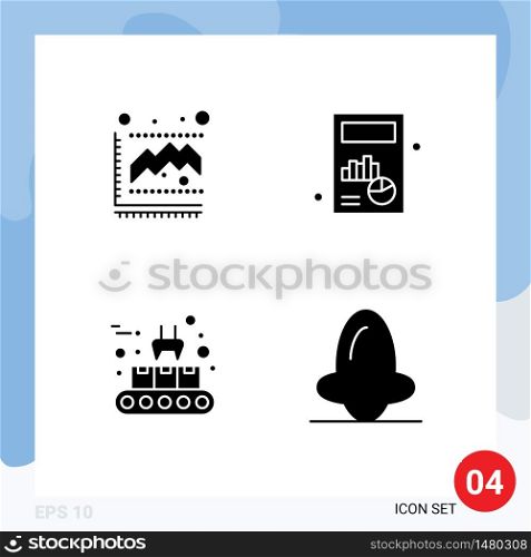 Group of 4 Solid Glyphs Signs and Symbols for diagram, conveyor belt, statistics, chart, production line Editable Vector Design Elements