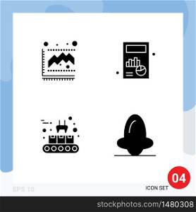 Group of 4 Solid Glyphs Signs and Symbols for diagram, conveyor belt, statistics, chart, production line Editable Vector Design Elements