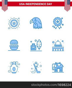 Group of 9 Blues Set for Independence day of United States of America such as feather  usa  holiday  american  burger Editable USA Day Vector Design Elements