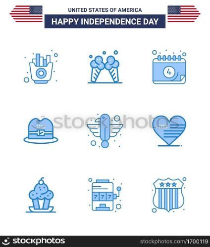 Group of 9 Blues Set for Independence day of United States of America such as bird  american  american  american  hat Editable USA Day Vector Design Elements