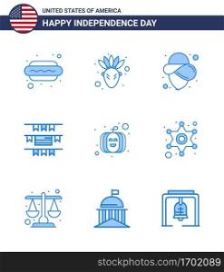 Group of 9 Blues Set for Independence day of United States of America such as police; usa festival; cowboy; pumpkin; american Editable USA Day Vector Design Elements