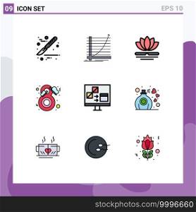 Group of 9 Filledline Flat Colors Signs and Symbols for app, fashion, flower, butterfly, beauty Editable Vector Design Elements