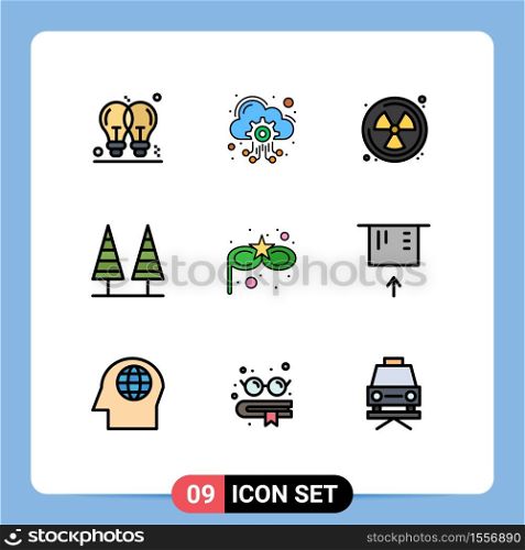 Group of 9 Filledline Flat Colors Signs and Symbols for carnival mask, park, services, nature, eco Editable Vector Design Elements