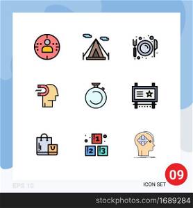 Group of 9 Filledline Flat Colors Signs and Symbols for clock, lead, food, influence, engagement Editable Vector Design Elements