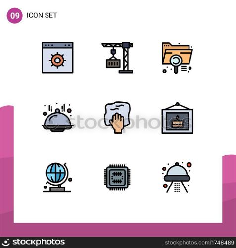 Group of 9 Filledline Flat Colors Signs and Symbols for hand, line, analysis, food, file Editable Vector Design Elements