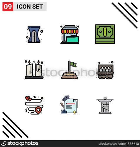 Group of 9 Filledline Flat Colors Signs and Symbols for ornamental, illumination, place, candle, money Editable Vector Design Elements