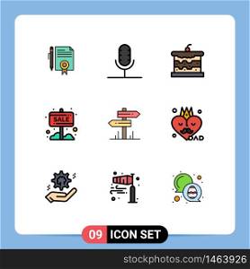 Group of 9 Filledline Flat Colors Signs and Symbols for sale board, info board, microphone, banner, cake Editable Vector Design Elements