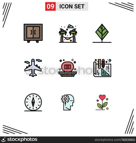 Group of 9 Filledline Flat Colors Signs and Symbols for shower, bath, leaf, world, plane Editable Vector Design Elements