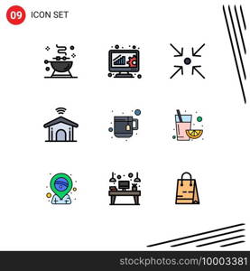 Group of 9 Filledline Flat Colors Signs and Symbols for tea, cup, arrow, technology, home Editable Vector Design Elements