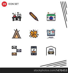 Group of 9 Filledline Flat Colors Signs and Symbols for thanksgiving, autumn, calendar, wigwam, camp Editable Vector Design Elements