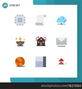 Group of 9 Flat Colors Signs and Symbols for building, l&, cloud, flame, technology Editable Vector Design Elements