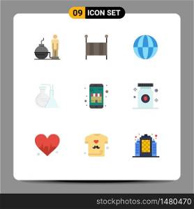 Group of 9 Flat Colors Signs and Symbols for commerce, energy, earth, lab, chemicals Editable Vector Design Elements