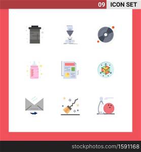 Group of 9 Flat Colors Signs and Symbols for document, nipple, laser, feeder, multimedia Editable Vector Design Elements