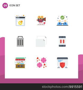 Group of 9 Flat Colors Signs and Symbols for document, user, valentine, trash, delete Editable Vector Design Elements