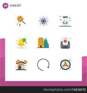 Group of 9 Flat Colors Signs and Symbols for email, tower, ritual, office, notification Editable Vector Design Elements