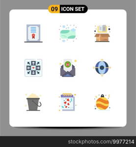 Group of 9 Flat Colors Signs and Symbols for email virus, bug, box, play, dancing Editable Vector Design Elements