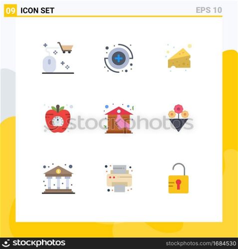 Group of 9 Flat Colors Signs and Symbols for house, time, cheese, vegetable, diet Editable Vector Design Elements