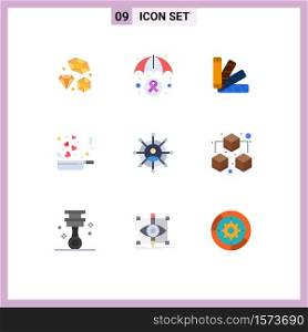 Group of 9 Flat Colors Signs and Symbols for networking, romance, color, love, cooking Editable Vector Design Elements