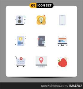 Group of 9 Flat Colors Signs and Symbols for paper, file, bulb, document, huawei Editable Vector Design Elements