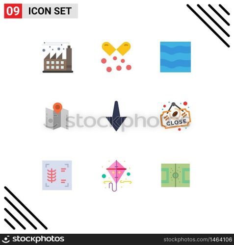 Group of 9 Flat Colors Signs and Symbols for pointer, location, nature, direction, waves Editable Vector Design Elements