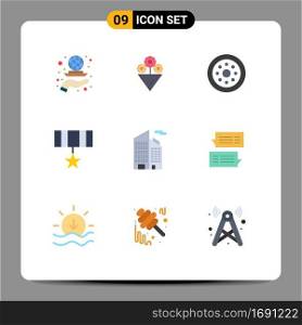 Group of 9 Flat Colors Signs and Symbols for skyscraper, building, spare parts, medal, award Editable Vector Design Elements