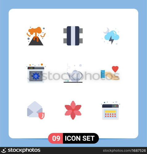 Group of 9 Flat Colors Signs and Symbols for teapot, web, lightning, settings, online Editable Vector Design Elements