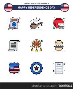 Group of 9 Flat Filled Lines Set for Independence day of United States of America such as adornment  american  football  text  united Editable USA Day Vector Design Elements