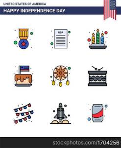 Group of 9 Flat Filled Lines Set for Independence day of United States of America such as dream catcher; adornment; fire; usa; independence Editable USA Day Vector Design Elements