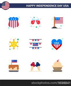 Group of 9 Flats Set for Independence day of United States of America such as american  party decoration  international  buntings  police Editable USA Day Vector Design Elements