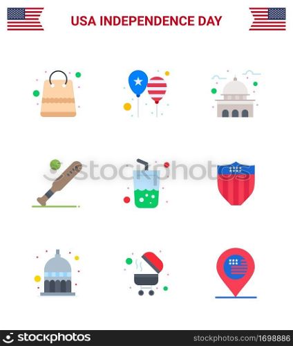 Group of 9 Flats Set for Independence day of United States of America such as sports; baseball; america flag; ball; usa Editable USA Day Vector Design Elements