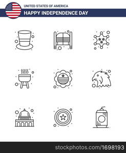 Group of 9 Lines Set for Independence day of United States of America such as flag  cook  entrance  bbq  star Editable USA Day Vector Design Elements