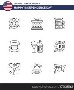 Group of 9 Lines Set for Independence day of United States of America such as drink; hat; st; cap; game Editable USA Day Vector Design Elements