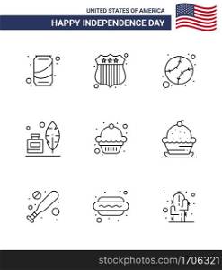 Group of 9 Lines Set for Independence day of United States of America such as muffin  cake  baseball  american  feather Editable USA Day Vector Design Elements