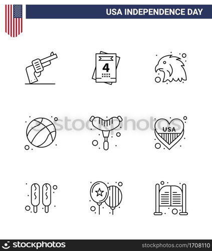 Group of 9 Lines Set for Independence day of United States of America such as american  frankfurter  bird  food  football Editable USA Day Vector Design Elements