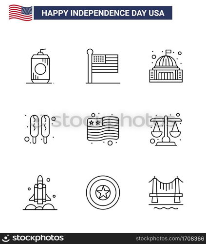 Group of 9 Lines Set for Independence day of United States of America such as flag; food; place; hot dog; white Editable USA Day Vector Design Elements