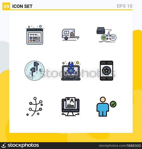 Group of 9 Modern Filledline Flat Colors Set for creative, bluetooth, game, phone, headphone Editable Vector Design Elements