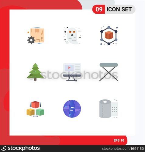 Group of 9 Modern Flat Colors Set for appliances, video, cube, play, tree Editable Vector Design Elements