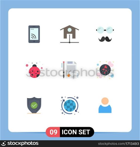 Group of 9 Modern Flat Colors Set for candy, document, father, certificate, lady bug Editable Vector Design Elements