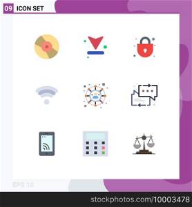 Group of 9 Modern Flat Colors Set for chat, social, lock, connections, wifi Editable Vector Design Elements