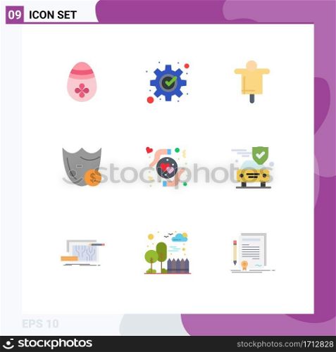 Group of 9 Modern Flat Colors Set for dollar, secure, agriculture, safety, shield Editable Vector Design Elements