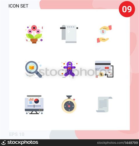 Group of 9 Modern Flat Colors Set for gingerbread man, zoom, bribery, thinking, detail Editable Vector Design Elements