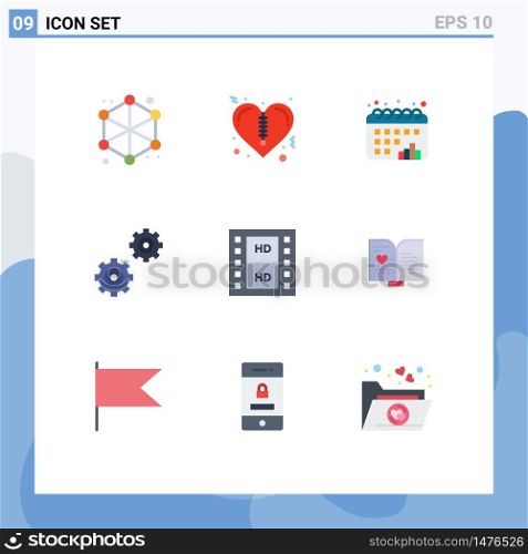 Group of 9 Modern Flat Colors Set for multimedia, media, chart, film, gears Editable Vector Design Elements