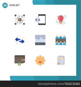 Group of 9 Modern Flat Colors Set for right, switch, development, arrows, fly balloon Editable Vector Design Elements